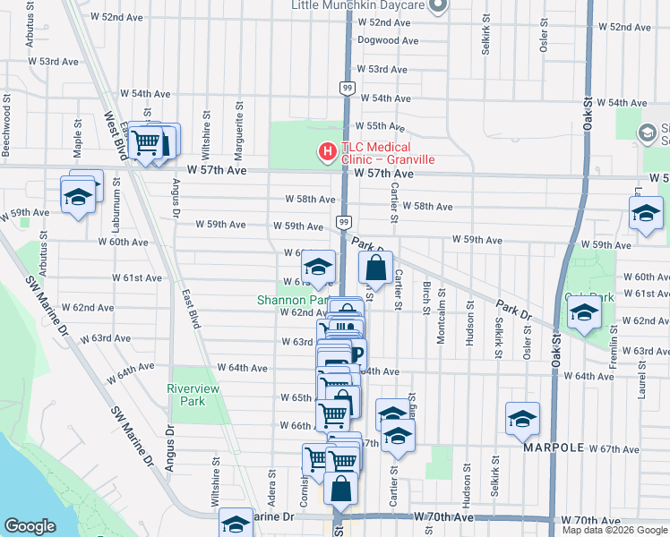 map of restaurants, bars, coffee shops, grocery stores, and more near 7651 Granville Street in Vancouver