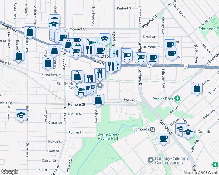 map of restaurants, bars, coffee shops, grocery stores, and more near 7390 Hawthorne Terrace in Burnaby