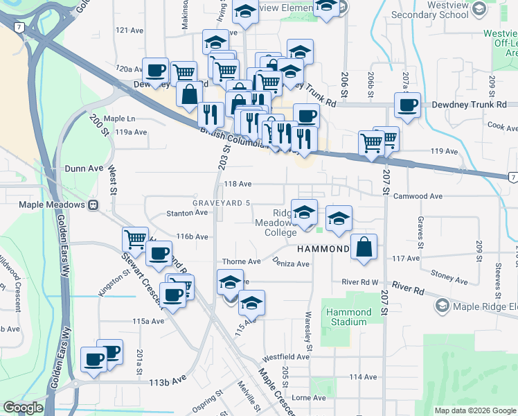 map of restaurants, bars, coffee shops, grocery stores, and more near in Maple Ridge