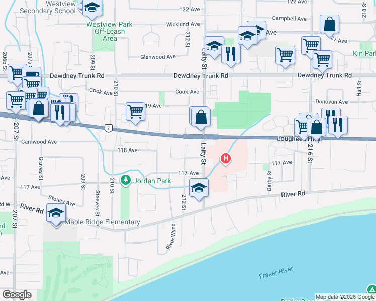 map of restaurants, bars, coffee shops, grocery stores, and more near 11786 212 Street in Maple Ridge