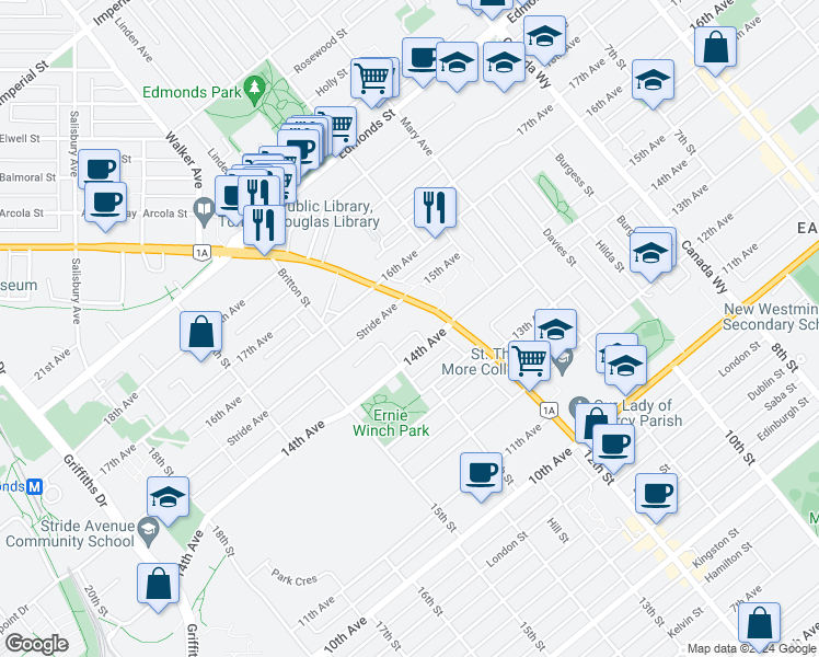 map of restaurants, bars, coffee shops, grocery stores, and more near 7368 15th Avenue in Burnaby