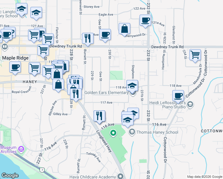 map of restaurants, bars, coffee shops, grocery stores, and more near 11782 230 Street in Maple Ridge