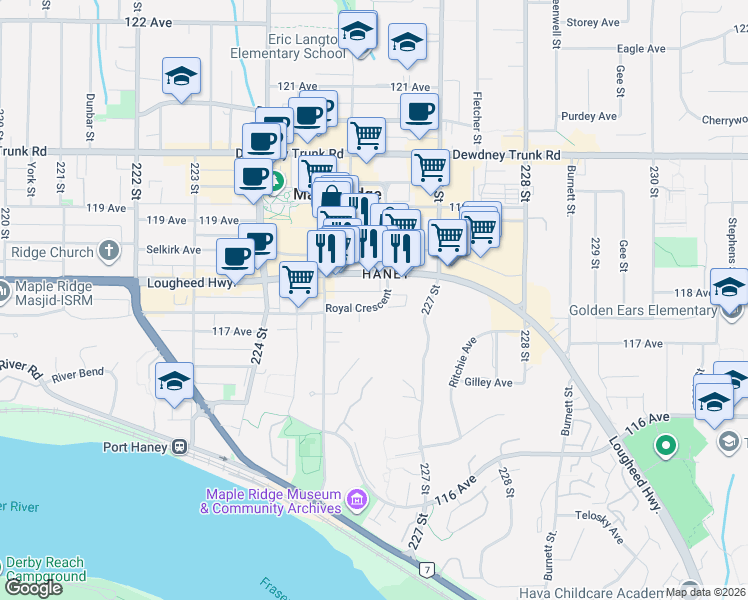 map of restaurants, bars, coffee shops, grocery stores, and more near in Maple Ridge