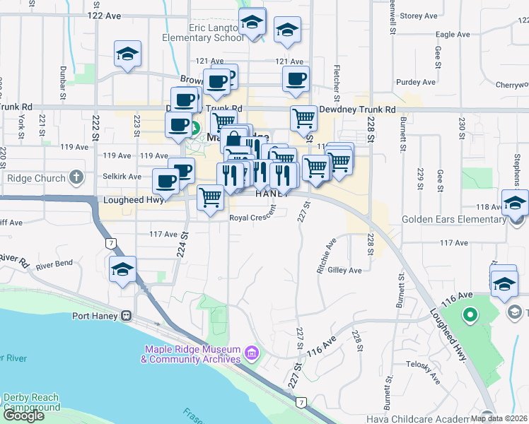 map of restaurants, bars, coffee shops, grocery stores, and more near in Maple Ridge
