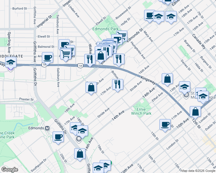 map of restaurants, bars, coffee shops, grocery stores, and more near 7249 17th Avenue in Burnaby