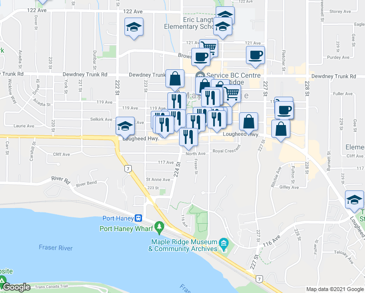 map of restaurants, bars, coffee shops, grocery stores, and more near 11778 224 Street in Maple Ridge