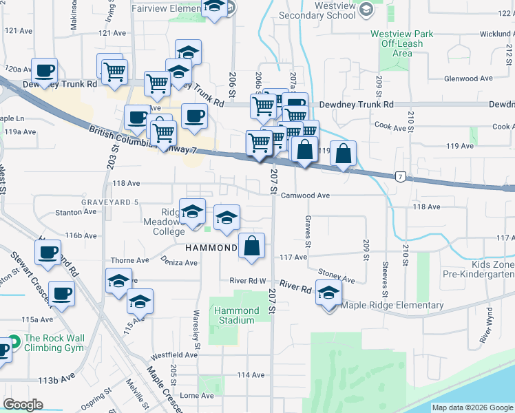 map of restaurants, bars, coffee shops, grocery stores, and more near 11757 207 Street in Maple Ridge