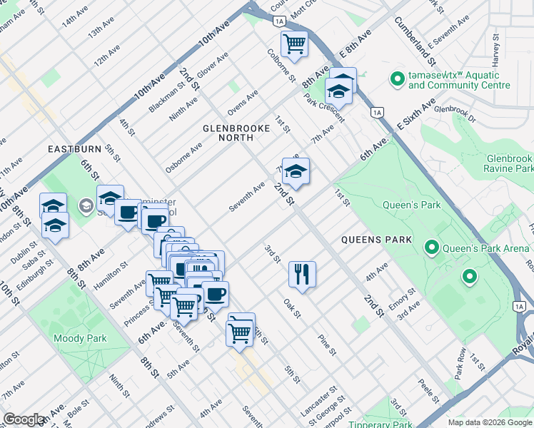 map of restaurants, bars, coffee shops, grocery stores, and more near 222 Princess Street in New Westminster