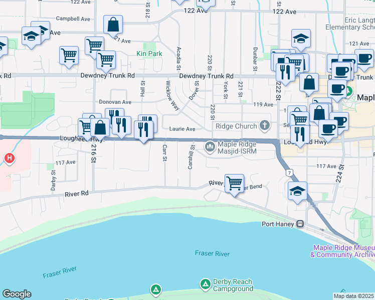 map of restaurants, bars, coffee shops, grocery stores, and more near in Metro Vancouver