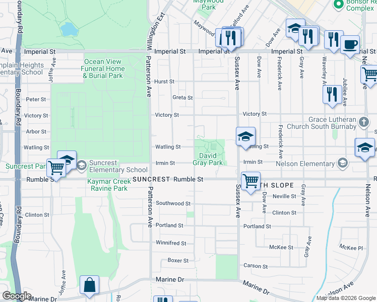 map of restaurants, bars, coffee shops, grocery stores, and more near 4278 Watling Street in Burnaby