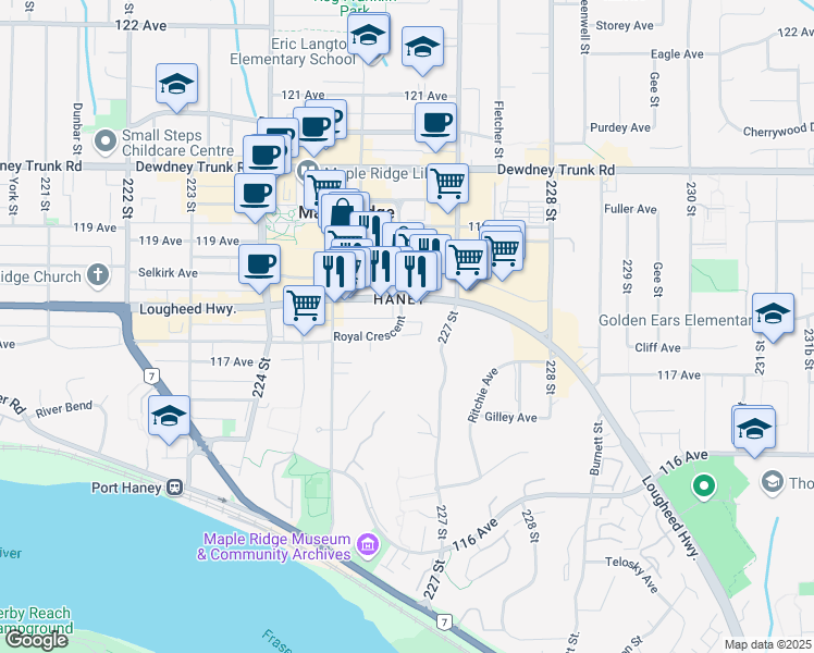 map of restaurants, bars, coffee shops, grocery stores, and more near in Maple Ridge