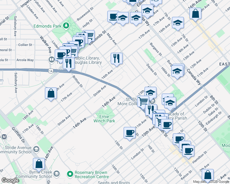 map of restaurants, bars, coffee shops, grocery stores, and more near in Burnaby
