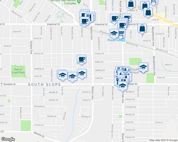 map of restaurants, bars, coffee shops, grocery stores, and more near 4888 Watling Street in Burnaby