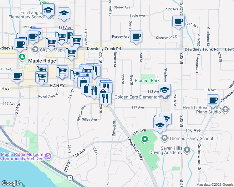 map of restaurants, bars, coffee shops, grocery stores, and more near 11780 Burnett Street in Maple Ridge