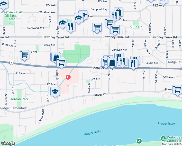 map of restaurants, bars, coffee shops, grocery stores, and more near 21462 Mayo Place in Maple Ridge