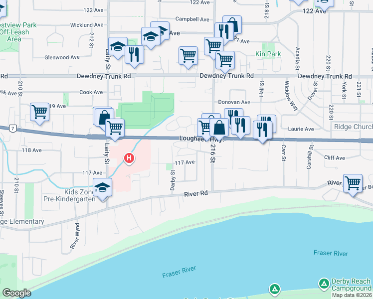 map of restaurants, bars, coffee shops, grocery stores, and more near 21468 Mayo Place in Maple Ridge