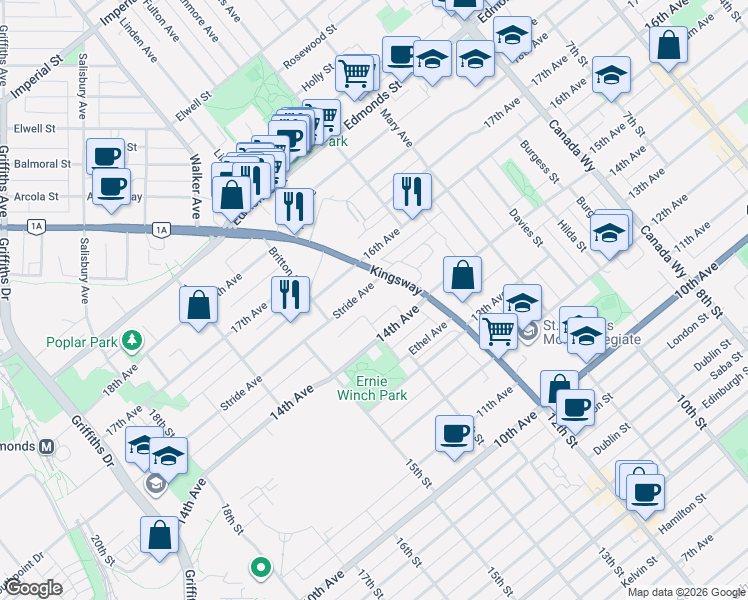 map of restaurants, bars, coffee shops, grocery stores, and more near 7370 Stride Avenue in Burnaby