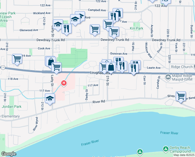 map of restaurants, bars, coffee shops, grocery stores, and more near 21522 Mayo Pl in Maple Ridge