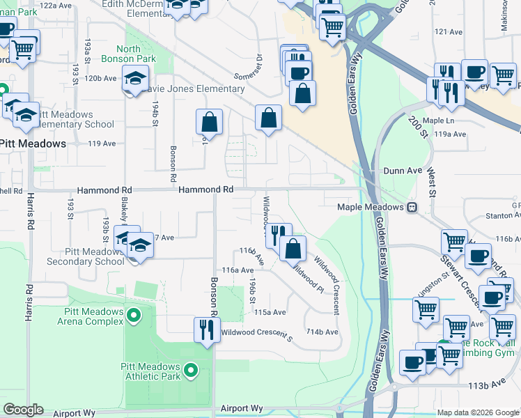 map of restaurants, bars, coffee shops, grocery stores, and more near 11769 Wildwood Crescent North in Pitt Meadows