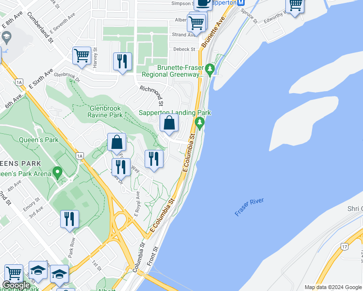 map of restaurants, bars, coffee shops, grocery stores, and more near 25 Richmond Street in New Westminster