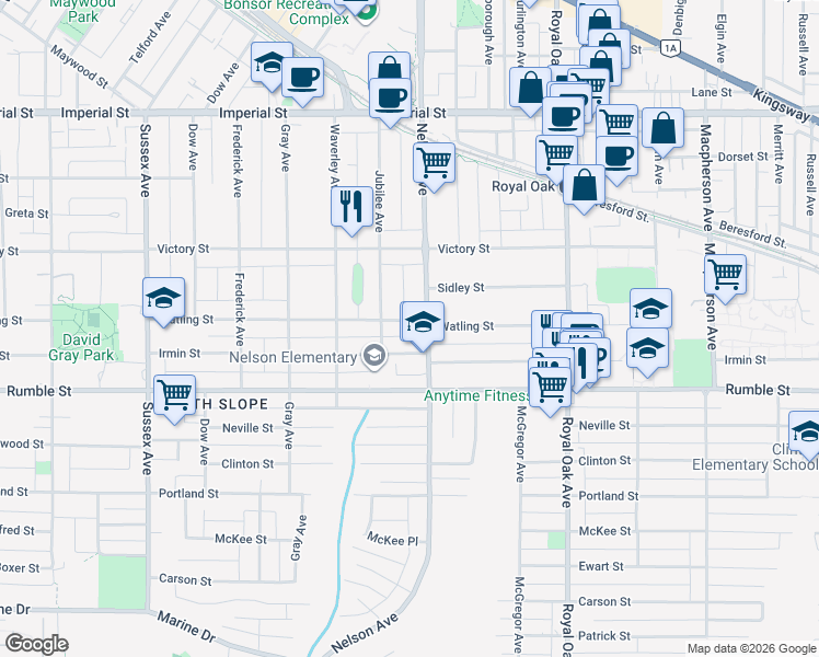 map of restaurants, bars, coffee shops, grocery stores, and more near 4864 Watling Street in Burnaby