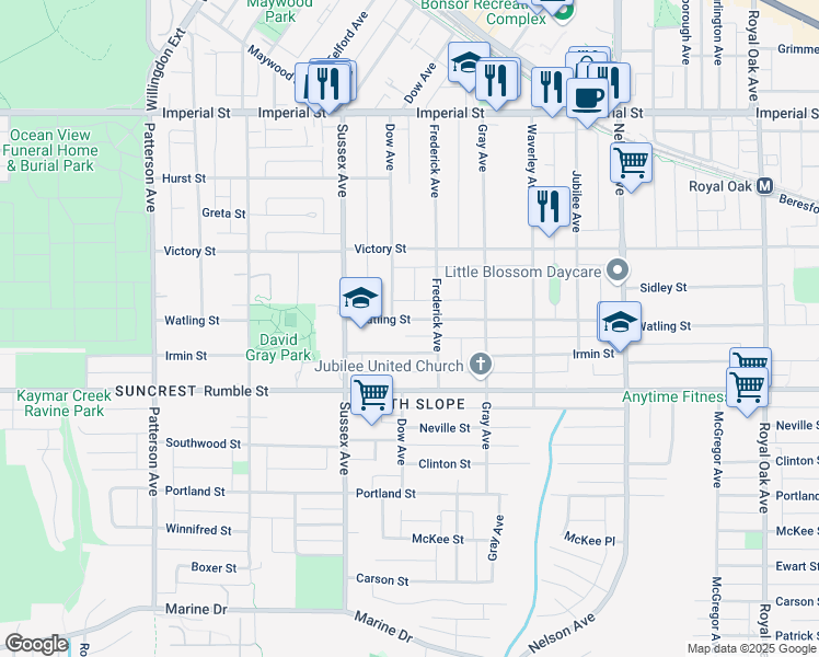 map of restaurants, bars, coffee shops, grocery stores, and more near 4522 Watling Street in Burnaby