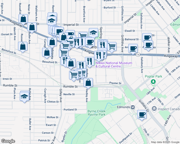 map of restaurants, bars, coffee shops, grocery stores, and more near 7388 Hedley Avenue in Burnaby