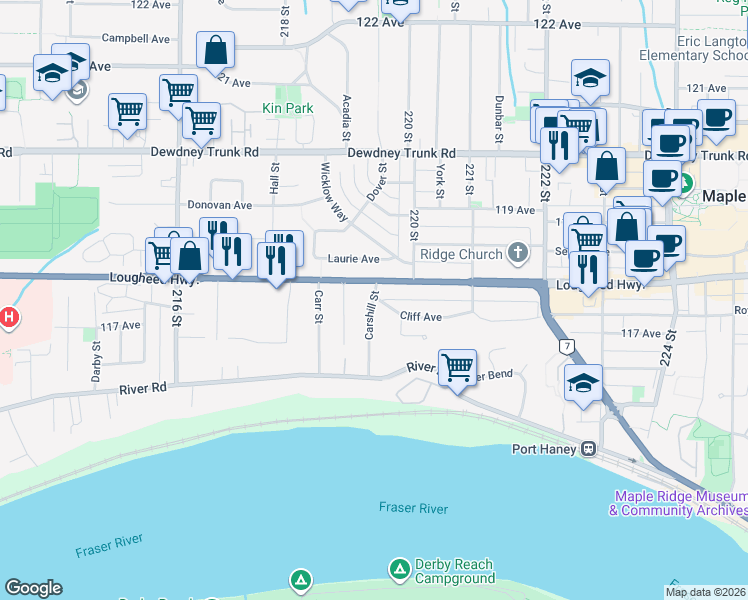 map of restaurants, bars, coffee shops, grocery stores, and more near 11772 Carshill Street in Maple Ridge