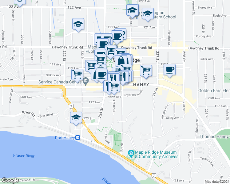 map of restaurants, bars, coffee shops, grocery stores, and more near 11770 Fraser Street in Maple Ridge