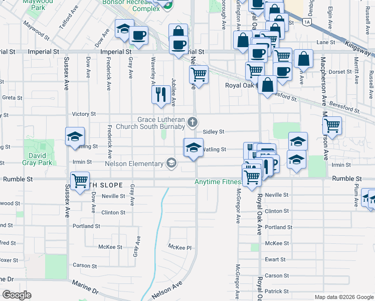 map of restaurants, bars, coffee shops, grocery stores, and more near 4864 Watling Street in Burnaby