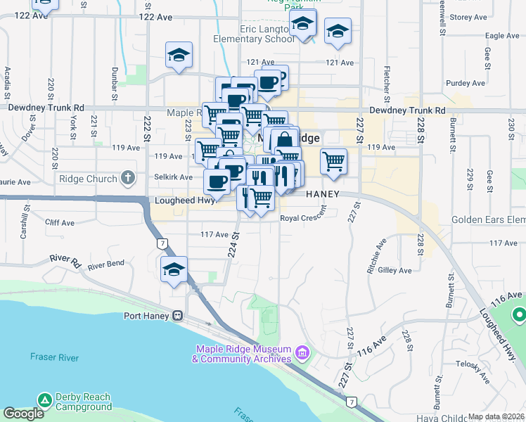 map of restaurants, bars, coffee shops, grocery stores, and more near 11770 Fraser Street in Maple Ridge