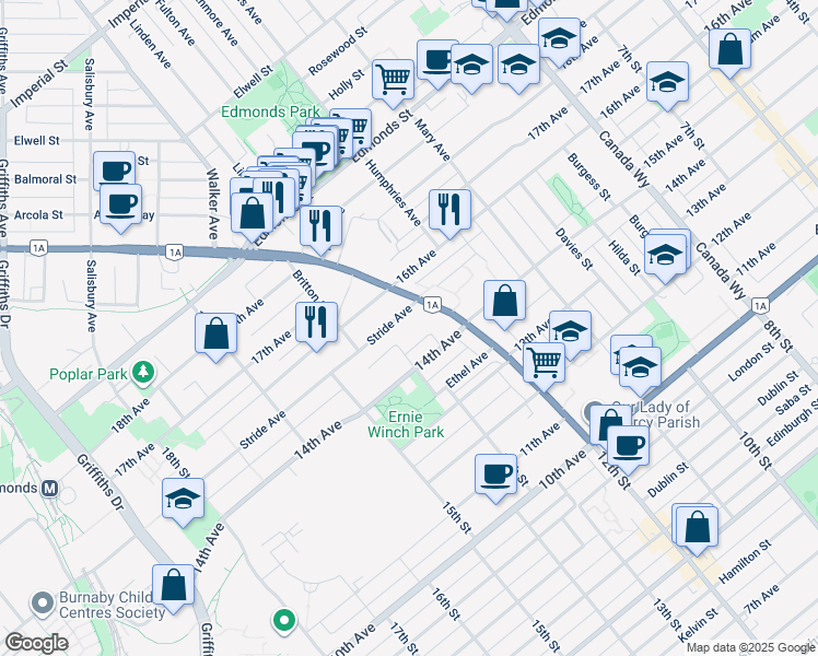 map of restaurants, bars, coffee shops, grocery stores, and more near 7370 Stride Avenue in Burnaby