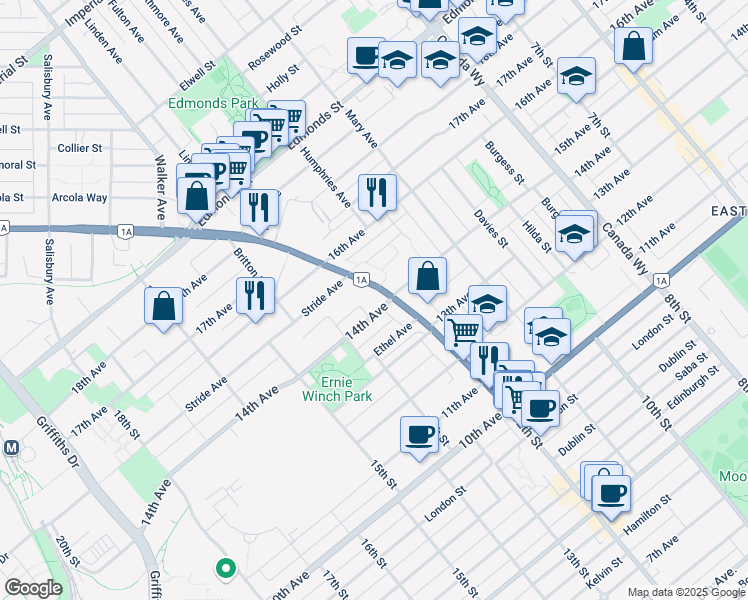 map of restaurants, bars, coffee shops, grocery stores, and more near 7377 14th Avenue in Burnaby