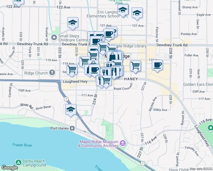 map of restaurants, bars, coffee shops, grocery stores, and more near 22471 Lougheed Highway in Maple Ridge