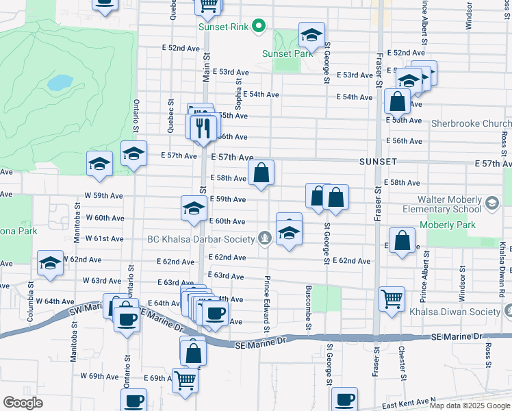 map of restaurants, bars, coffee shops, grocery stores, and more near 378 East 59th Avenue in Vancouver