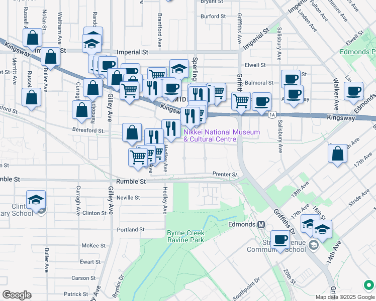 map of restaurants, bars, coffee shops, grocery stores, and more near 7372 Hawthorne Terrace in Burnaby