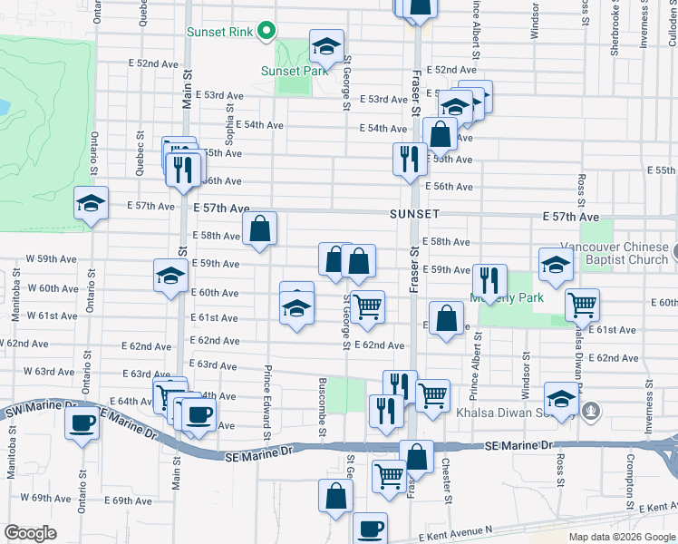 map of restaurants, bars, coffee shops, grocery stores, and more near 488 East 59th Avenue in Vancouver
