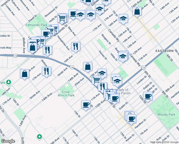 map of restaurants, bars, coffee shops, grocery stores, and more near 7441 13th Avenue in Burnaby