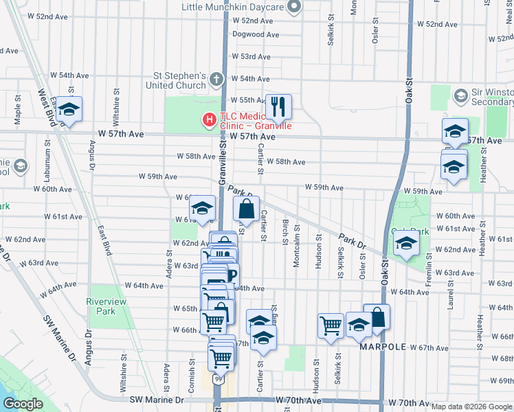 map of restaurants, bars, coffee shops, grocery stores, and more near 1420 Park Drive in Vancouver