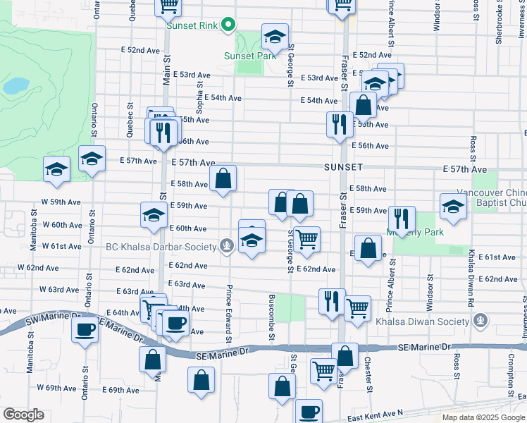 map of restaurants, bars, coffee shops, grocery stores, and more near 448 East 59th Avenue in Vancouver