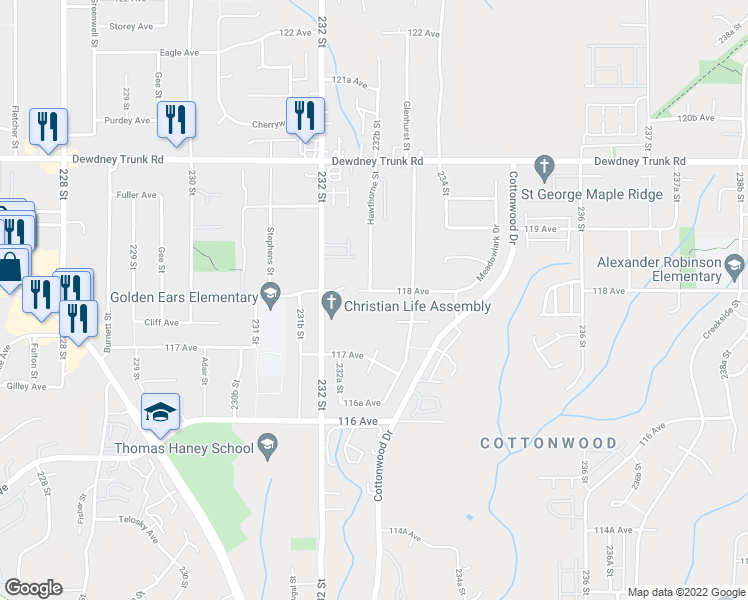 map of restaurants, bars, coffee shops, grocery stores, and more near 23296 118 Avenue in Maple Ridge