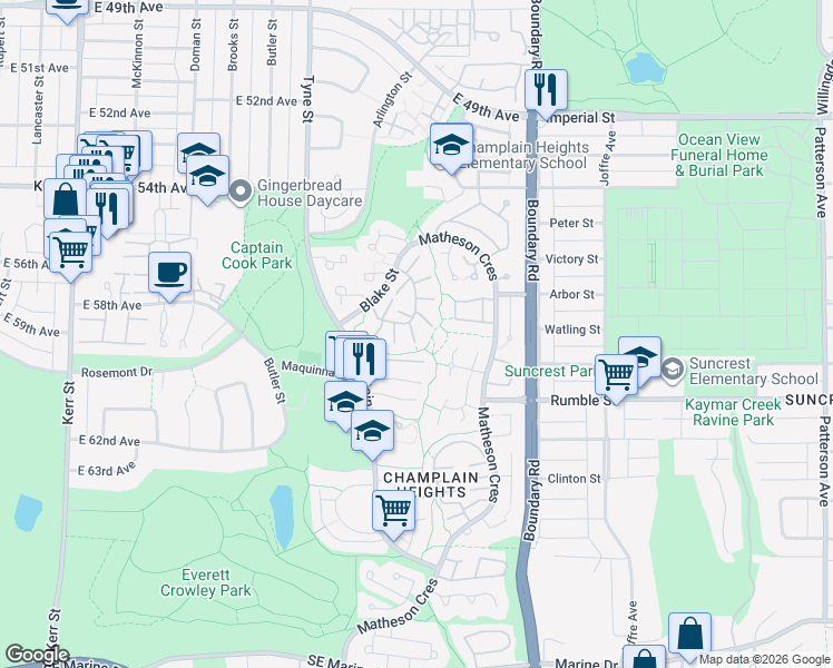 map of restaurants, bars, coffee shops, grocery stores, and more near 7428 Echo Place in Vancouver