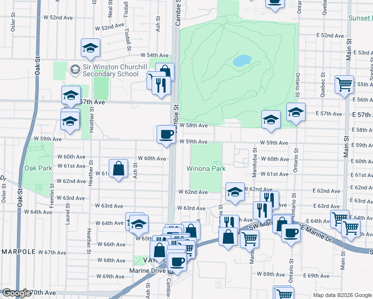 map of restaurants, bars, coffee shops, grocery stores, and more near 7541 Yukon Street in Vancouver