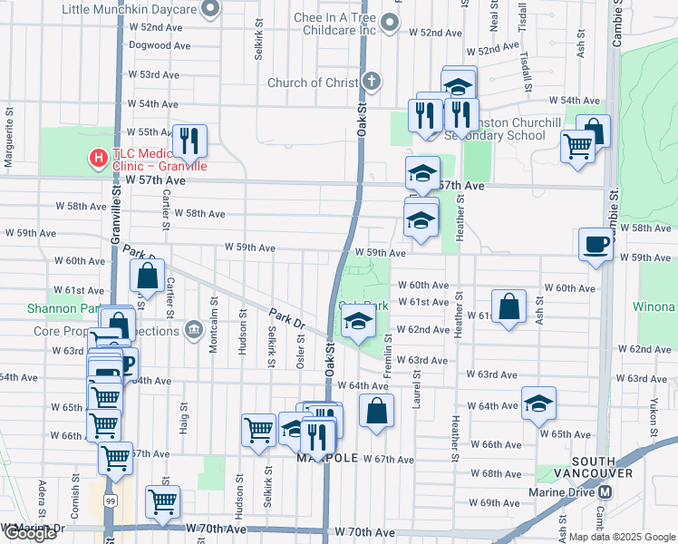 map of restaurants, bars, coffee shops, grocery stores, and more near 7565 Oak Street in Vancouver