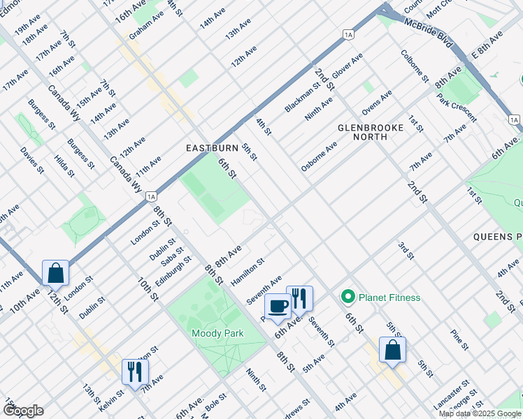 map of restaurants, bars, coffee shops, grocery stores, and more near 6th Street in New Westminster