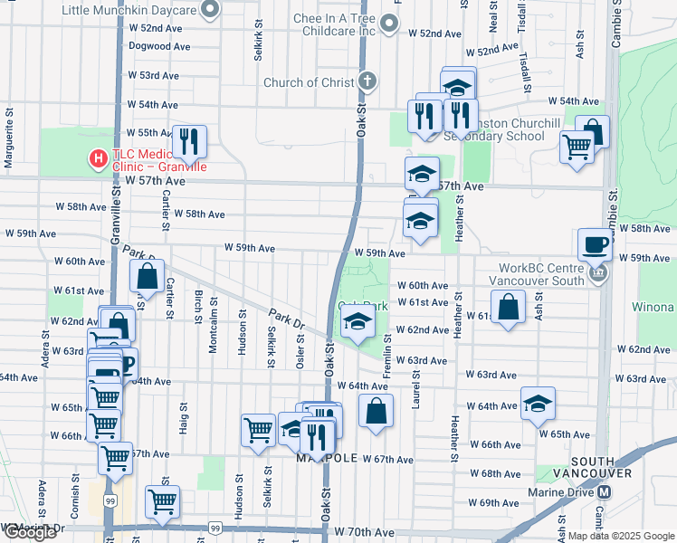 map of restaurants, bars, coffee shops, grocery stores, and more near 7553 Oak Street in Vancouver