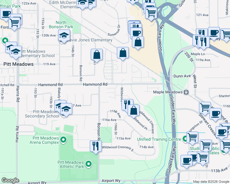 map of restaurants, bars, coffee shops, grocery stores, and more near 19696 Hammond Road in Pitt Meadows