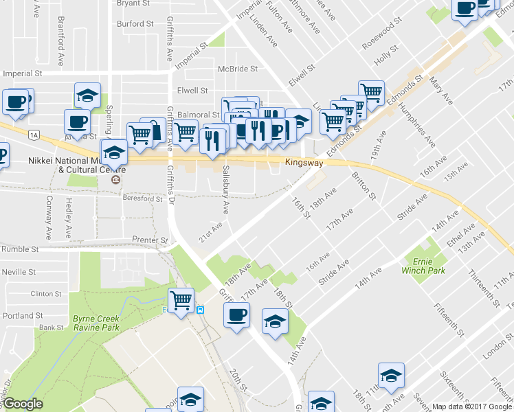 map of restaurants, bars, coffee shops, grocery stores, and more near 7173 Edmonds Street in Burnaby
