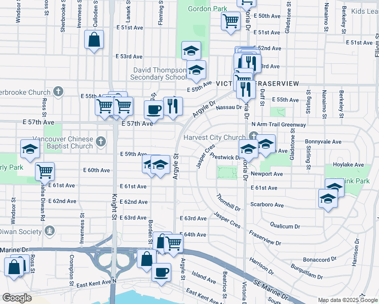 map of restaurants, bars, coffee shops, grocery stores, and more near in Vancouver