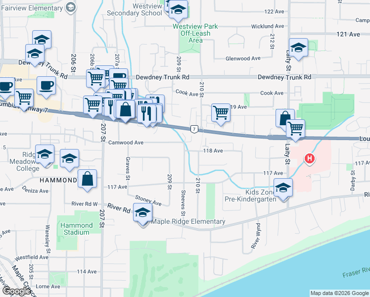 map of restaurants, bars, coffee shops, grocery stores, and more near 20920 Camwood Avenue in Maple Ridge